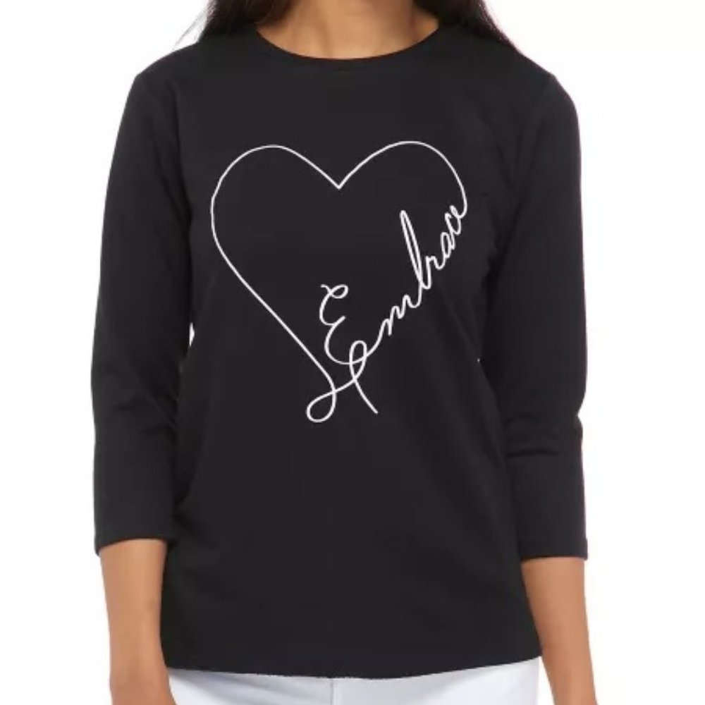 New Directions Studio Women’s 3/4 Sleeve Black Crew Neck Graphic T-Shirt Top NWT
